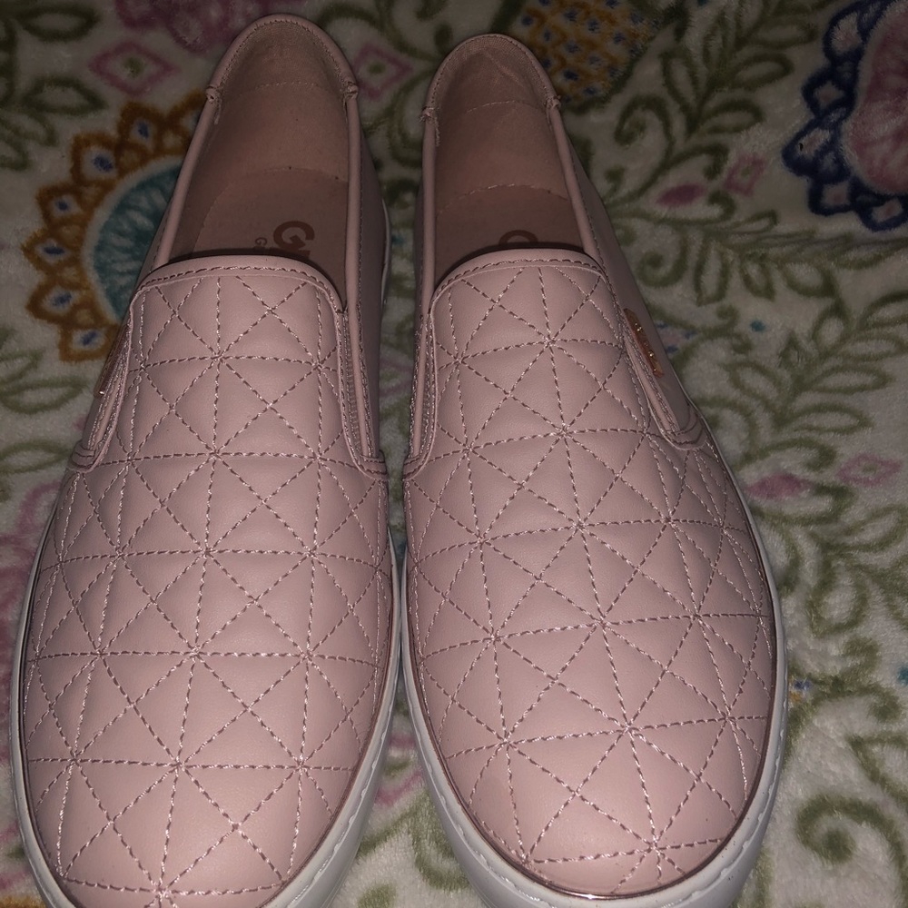 Brand new pink slip-ons with rose gold piping